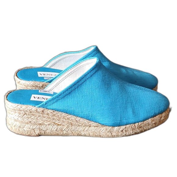 NWOT Venezia Silk Espadrilles Wedge Heel NOS Size 8 Striking Blue Handmade Y2K - Picture 3 of 13